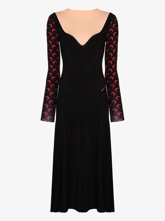 Moon-printed Sleeves Flared Dress