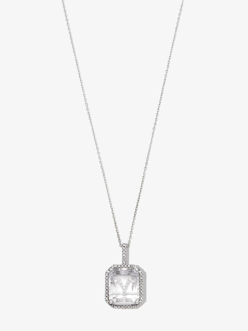 14k White Gold Y Initial Quartz Diamond Pendant Necklace