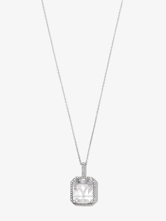 14k White Gold Y Initial Quartz Diamond Pendant Necklace