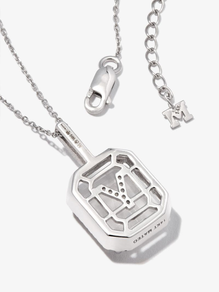 14k White Gold Y Initial Quartz Diamond Pendant Necklace