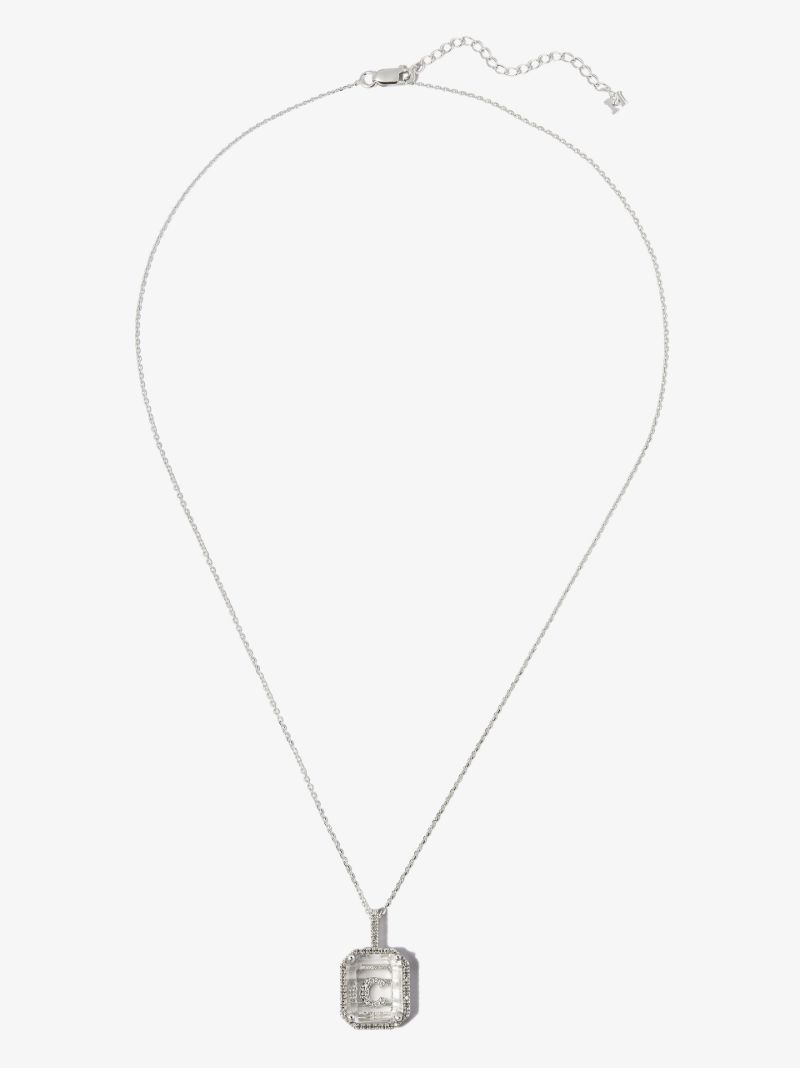 14k White Gold C Initial Quartz Diamond Pendant Necklace