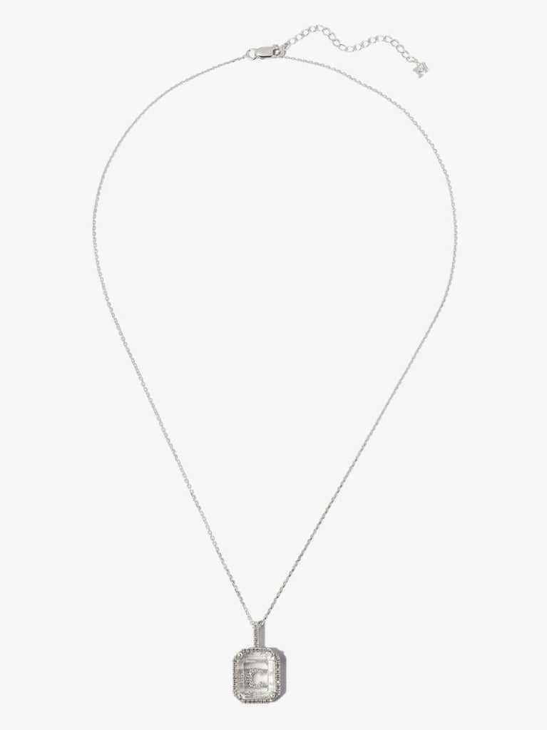 14k White Gold C Initial Quartz Diamond Pendant Necklace