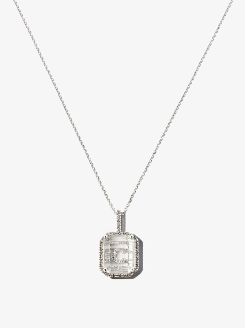 14k White Gold C Initial Quartz Diamond Pendant Necklace