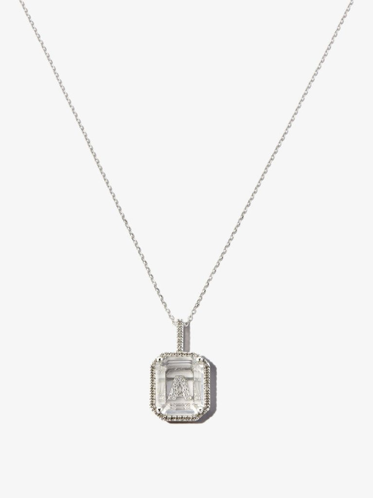 14k White Gold a Initial Quartz Diamond Pendant Necklace
