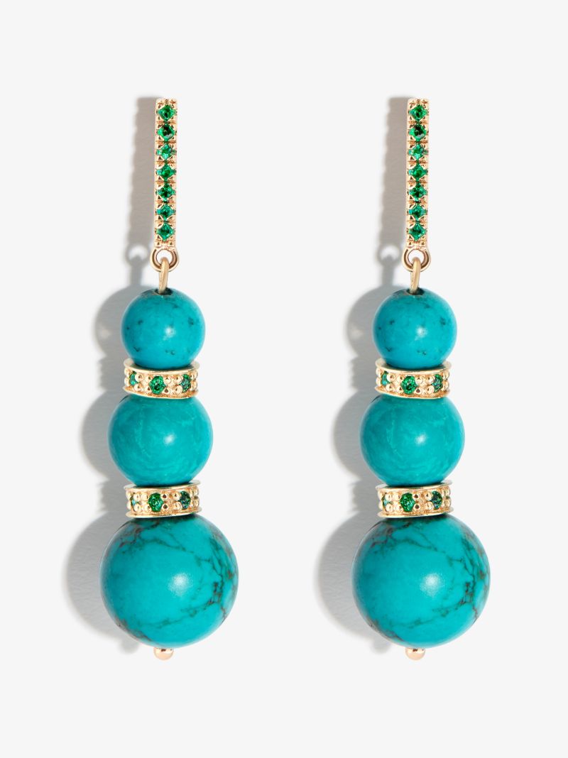 14k Yellow Gold Three Turquoise Ball Emerald Drop Earrings