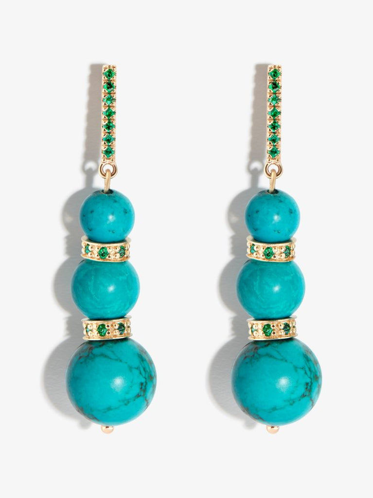 14k Yellow Gold Three Turquoise Ball Emerald Drop Earrings