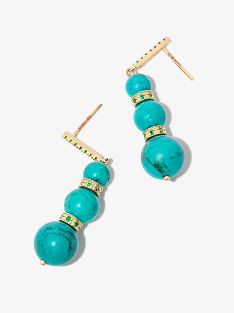 14k Yellow Gold Three Turquoise Ball Emerald Drop Earrings