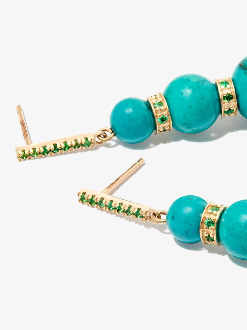 14k Yellow Gold Three Turquoise Ball Emerald Drop Earrings