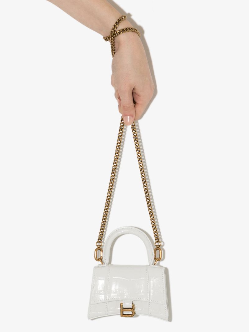 White Hourglass Mini Mock Croc Leather Top Handle Bag