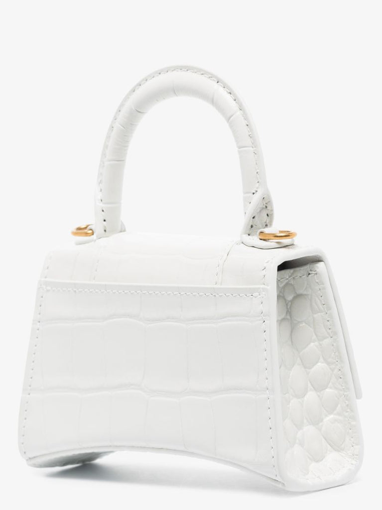 White Hourglass Mini Mock Croc Leather Top Handle Bag