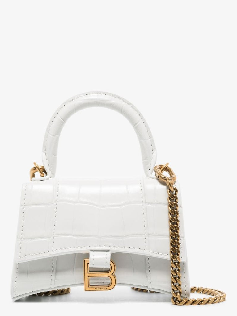 White Hourglass Mini Mock Croc Leather Top Handle Bag