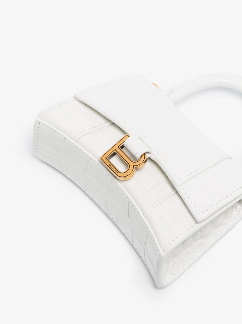 White Hourglass Mini Mock Croc Leather Top Handle Bag