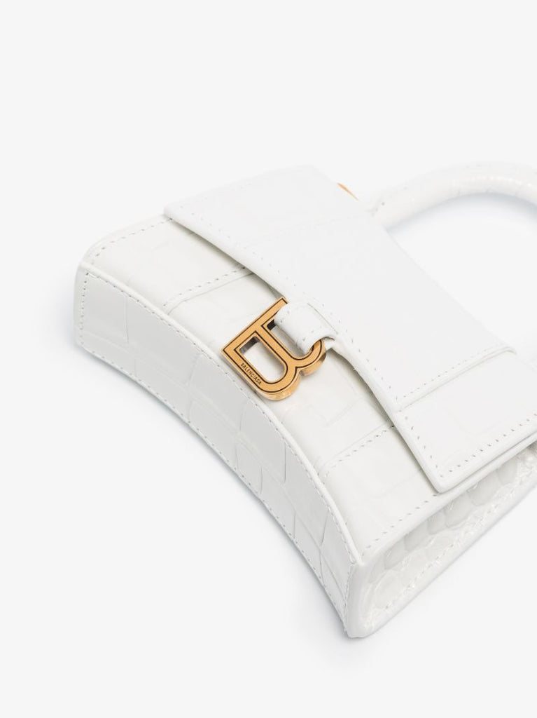White Hourglass Mini Mock Croc Leather Top Handle Bag