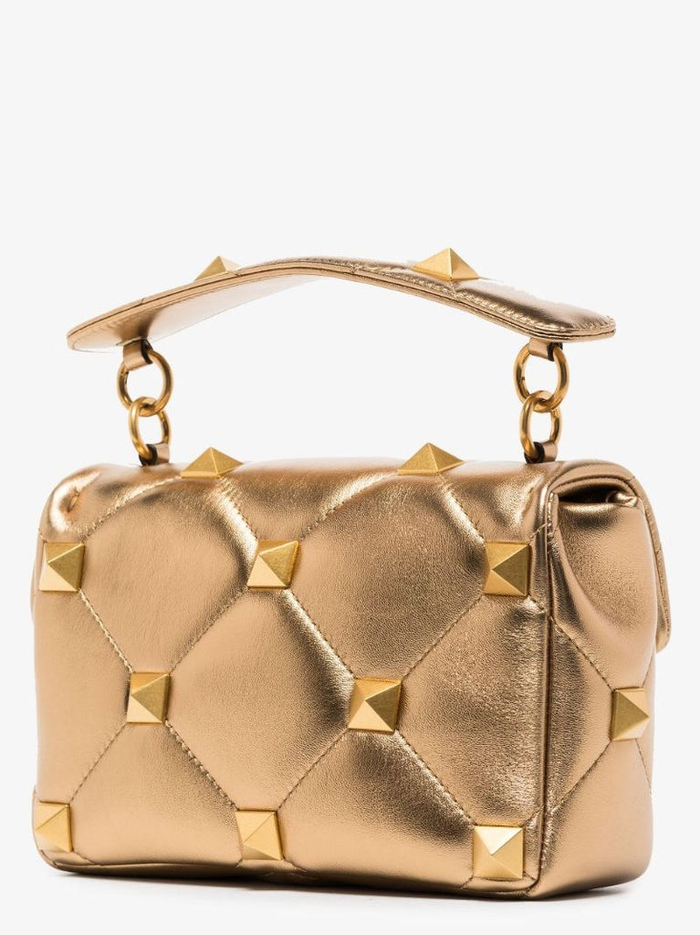 Gold Tone Roman Stud Medium Leather Shoulder Bag