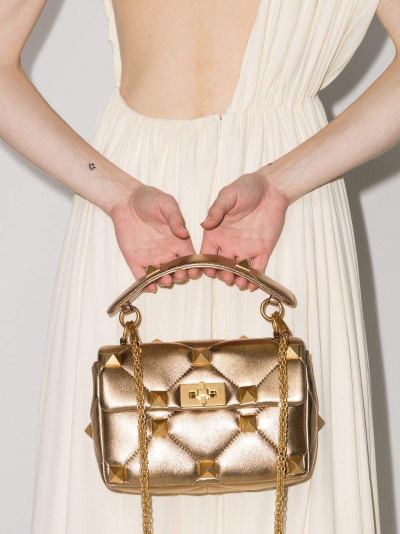 Gold Tone Roman Stud Medium Leather Shoulder Bag