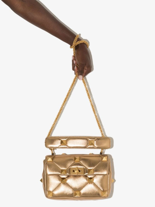 Gold Tone Roman Stud Medium Leather Shoulder Bag