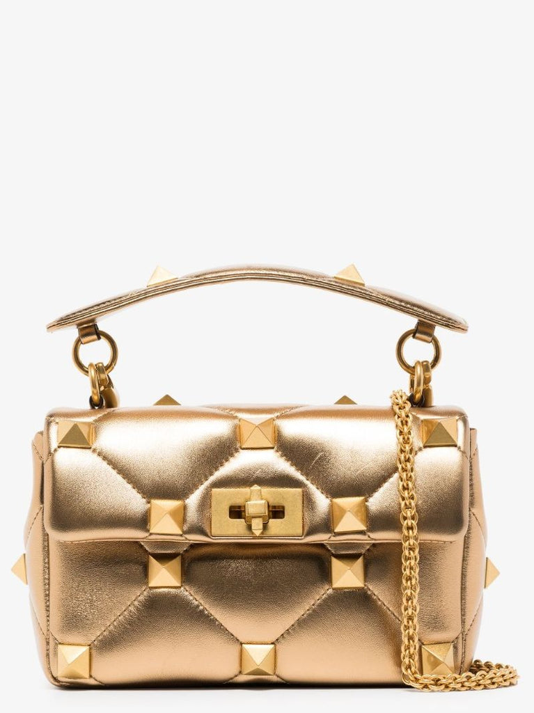 Gold Tone Roman Stud Medium Leather Shoulder Bag