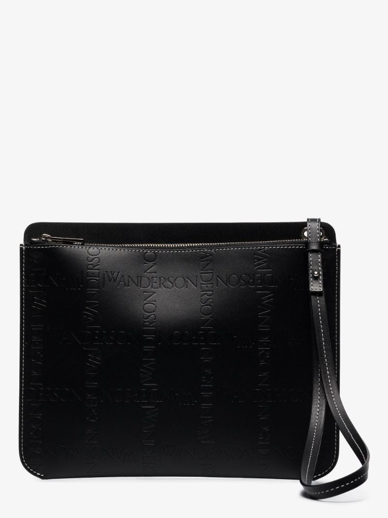 Black Embossed Leather Pouch Bag