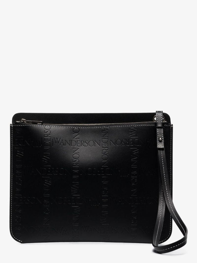 Black Embossed Leather Pouch Bag