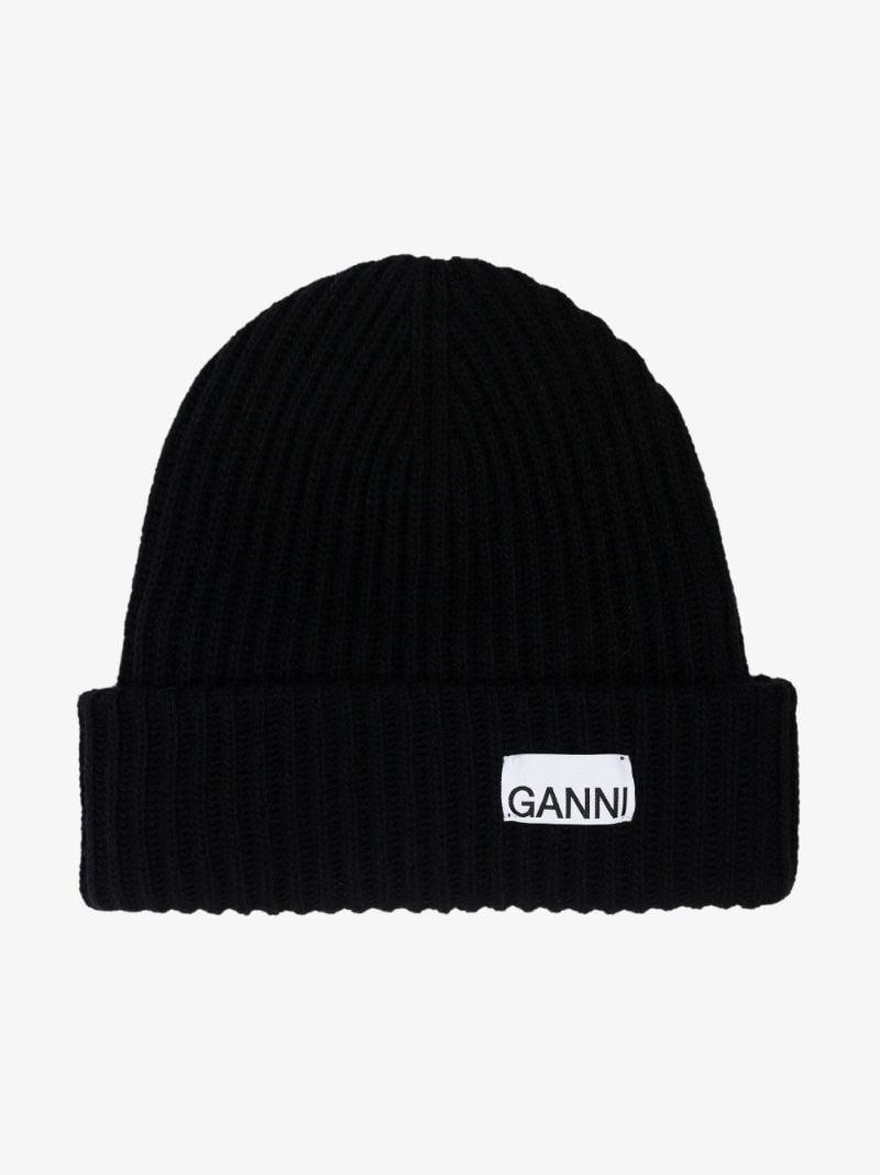 Black Logo Ribbed Knit Beanie Hat