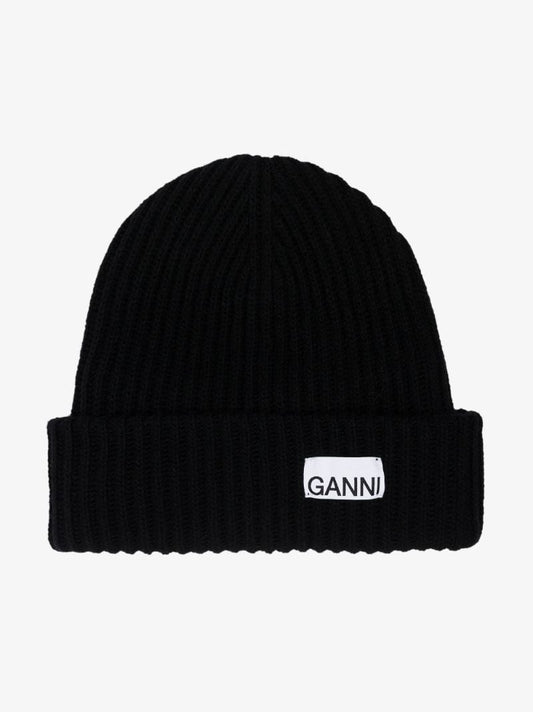 Black Logo Ribbed Knit Beanie Hat