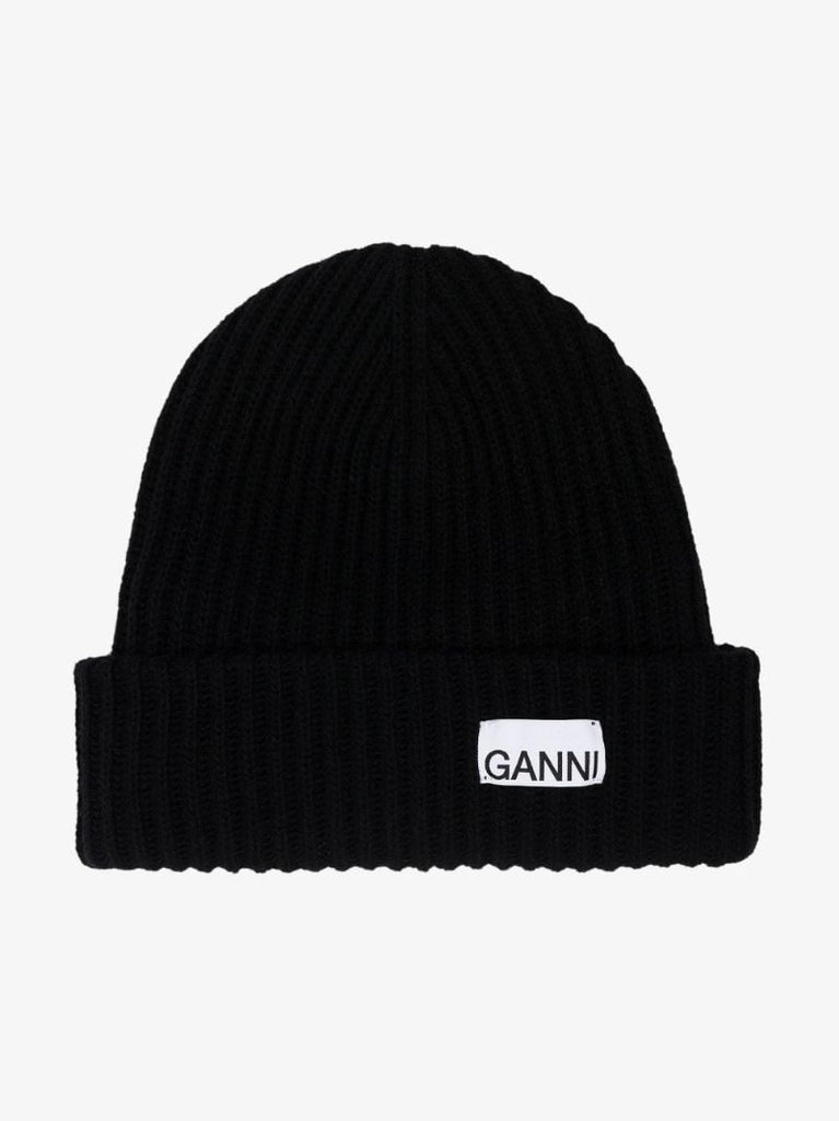 Black Logo Ribbed Knit Beanie Hat