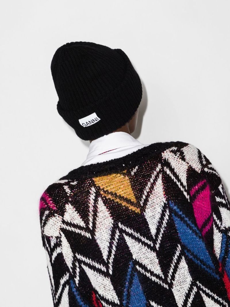 Black Logo Ribbed Knit Beanie Hat