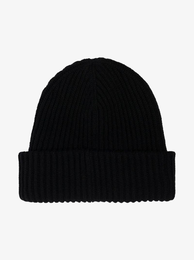 Black Logo Ribbed Knit Beanie Hat
