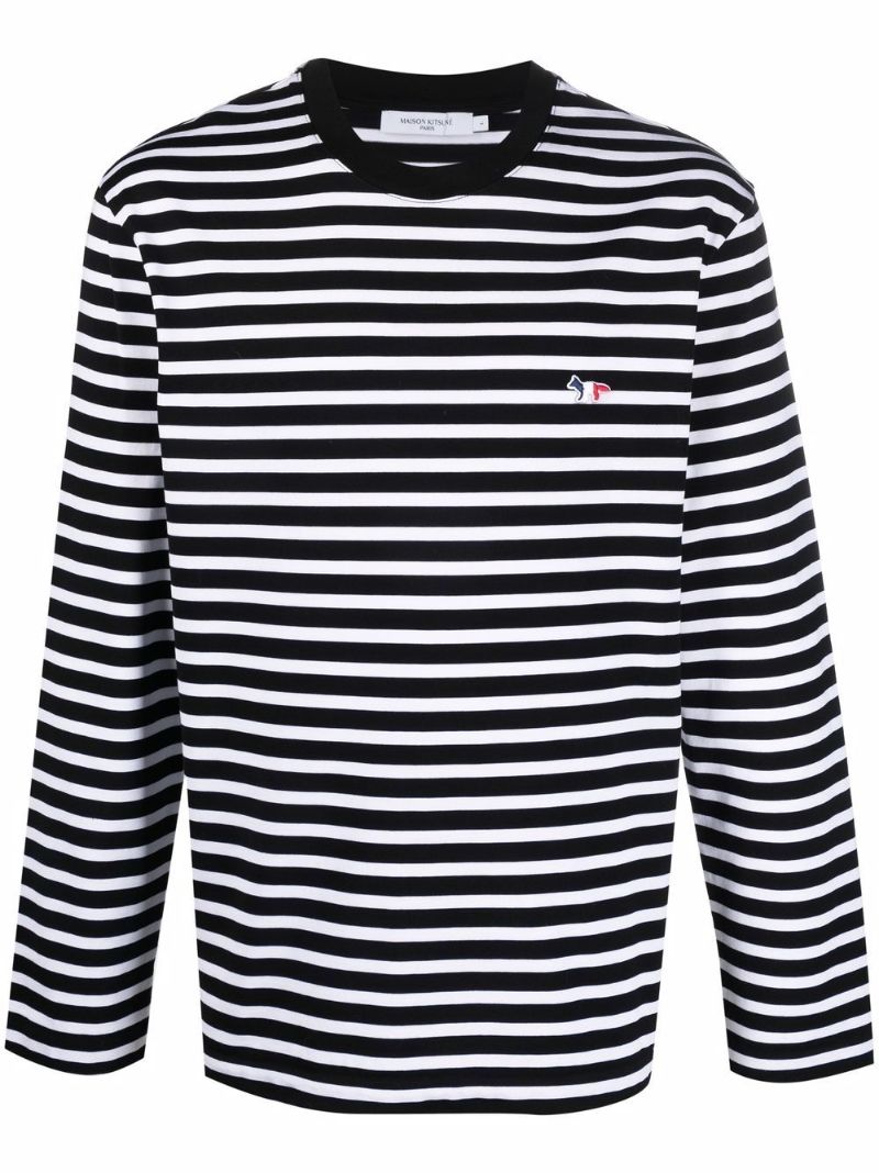 Black Tricolour Fox Patch Striped Long Sleeve T-shirt