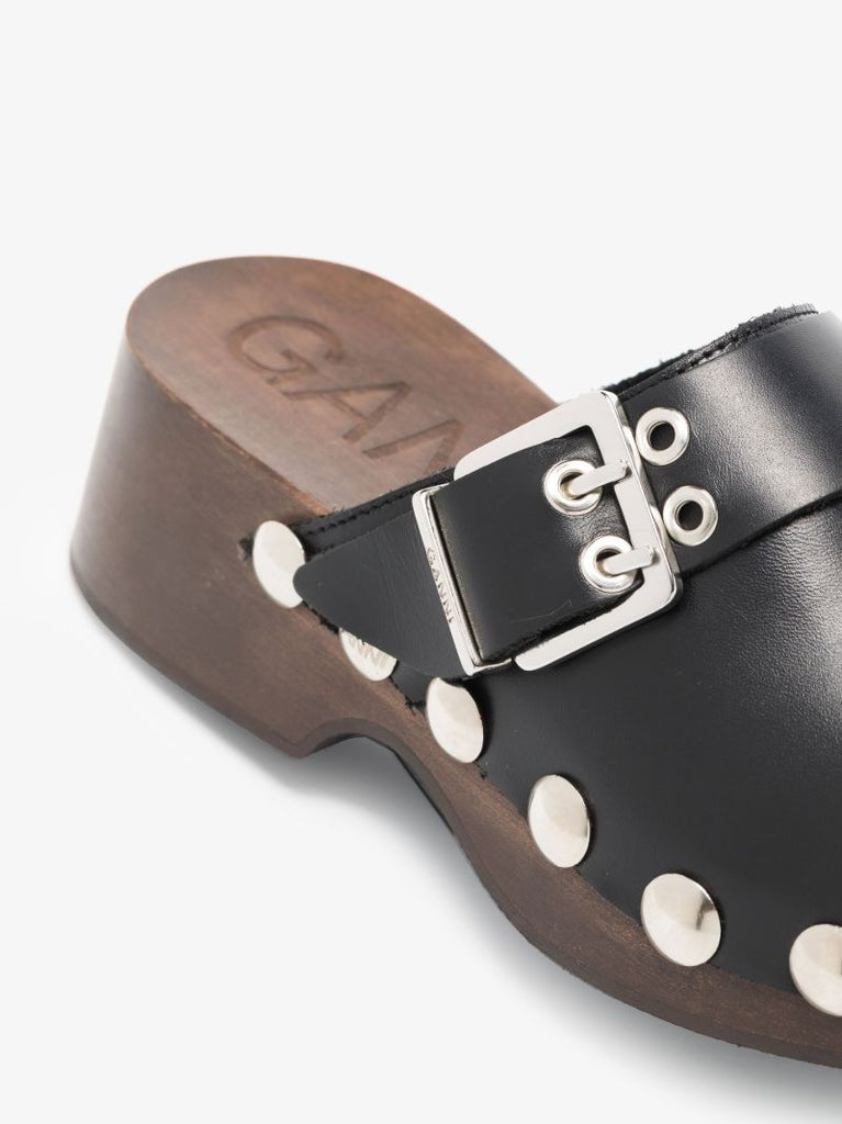 Black Studded Leather Mules