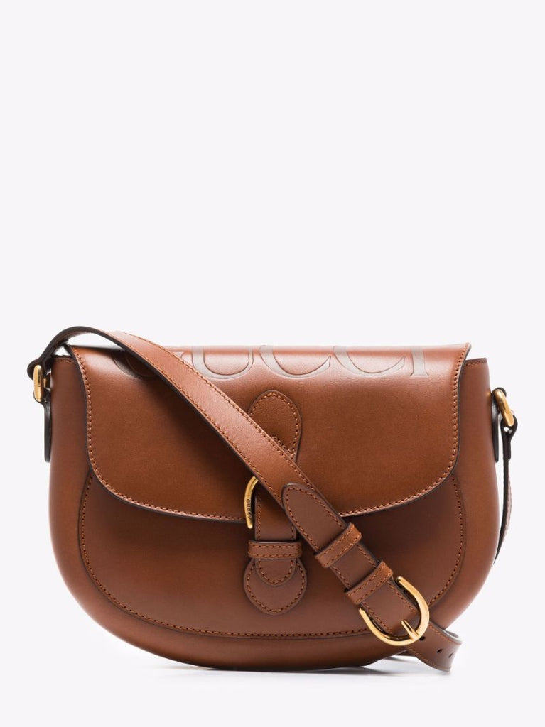 Brown Logo Embossed Leather Shoulder Bag