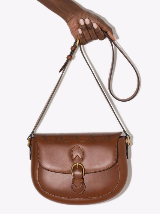 Brown Logo Embossed Leather Shoulder Bag