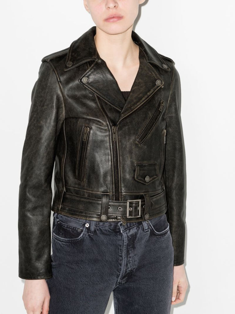 Distressed Leather Biker Jacket