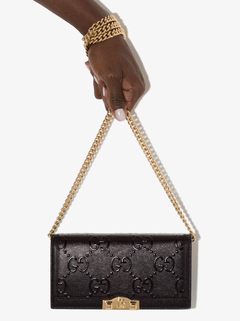 Black Gg Embossed Leather Wallet on Chain