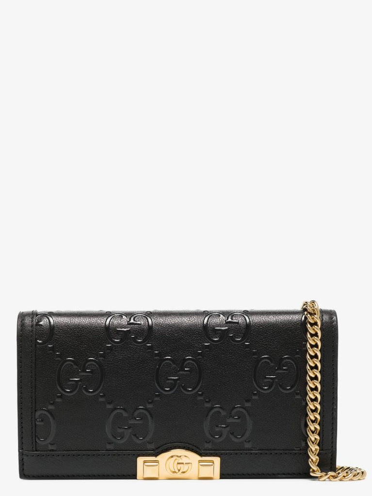 Black Gg Embossed Leather Wallet on Chain
