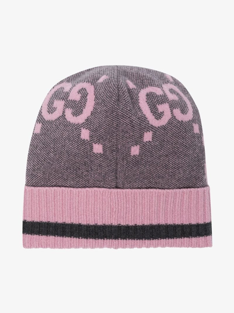 Grey and Pink Gg Cashmere Beanie Hat