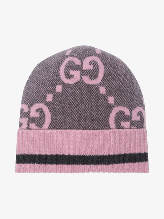 Grey and Pink Gg Cashmere Beanie Hat