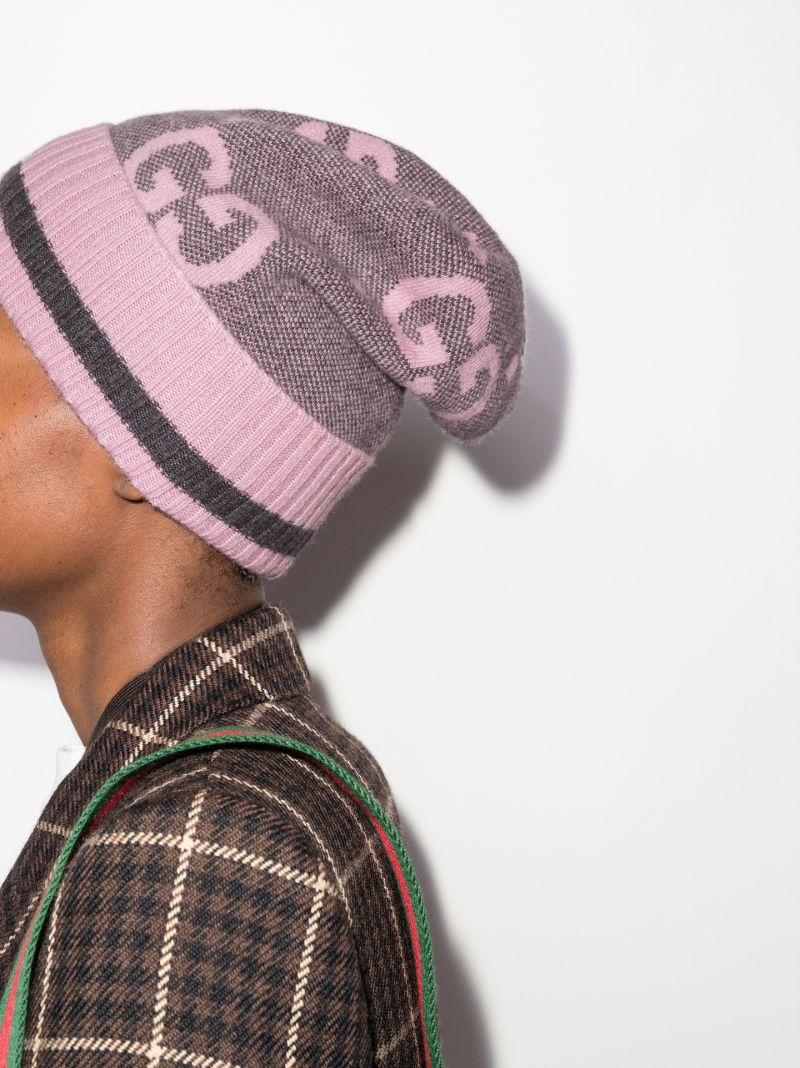Grey and Pink Gg Cashmere Beanie Hat