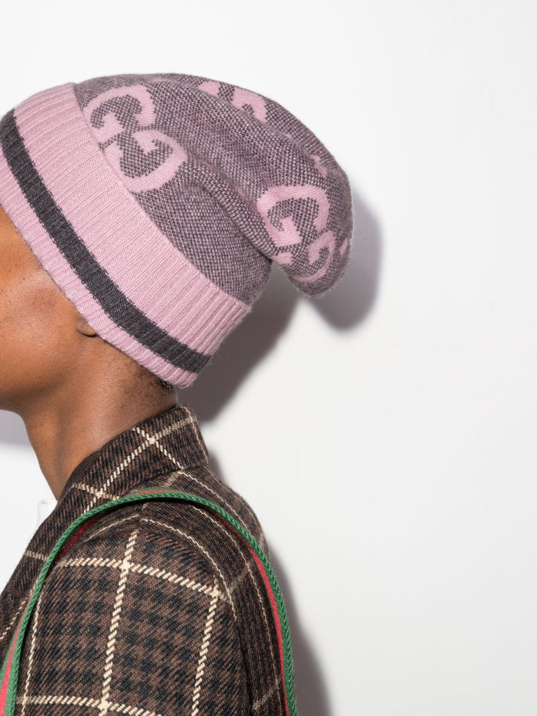 Grey and Pink Gg Cashmere Beanie Hat