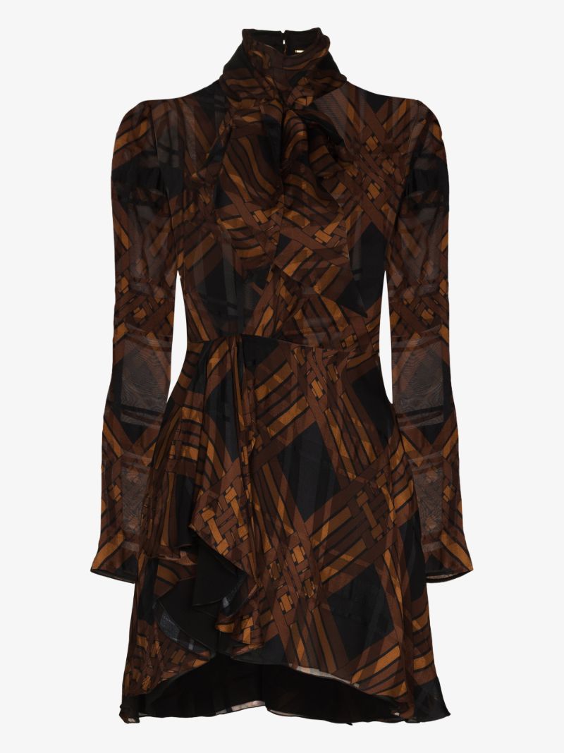 Brown Checked Silk Mini Dress