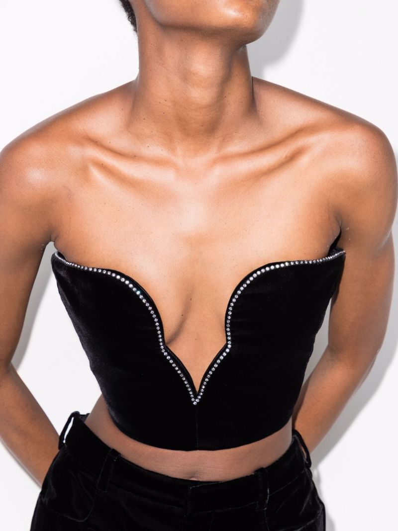 Black Crystal Embellished Velvet Bustier