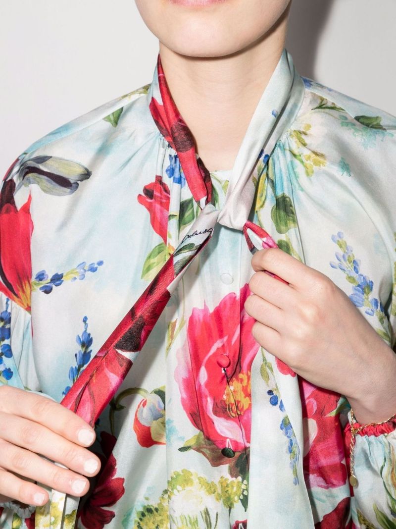 Floral Print Pussy Bow Silk Shirt