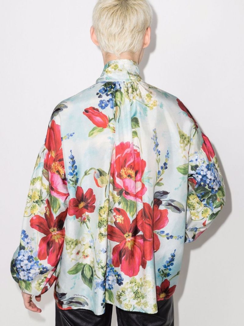 Floral Print Pussy Bow Silk Shirt