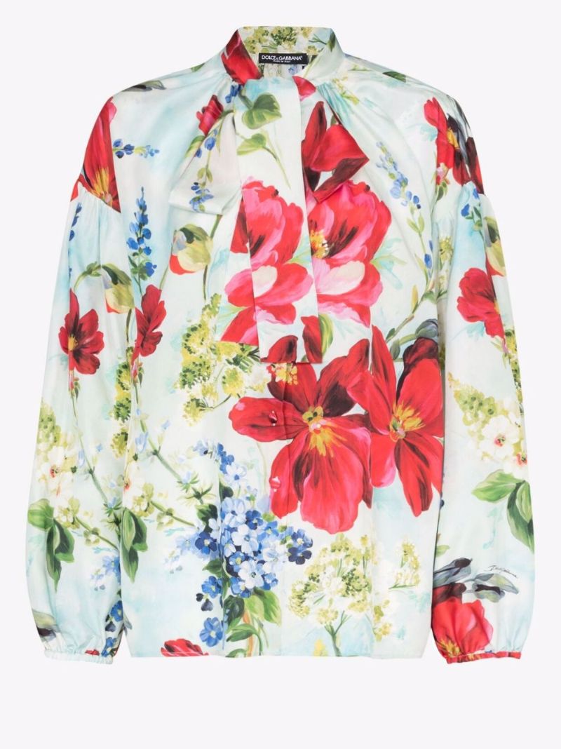 Floral Print Pussy Bow Silk Shirt