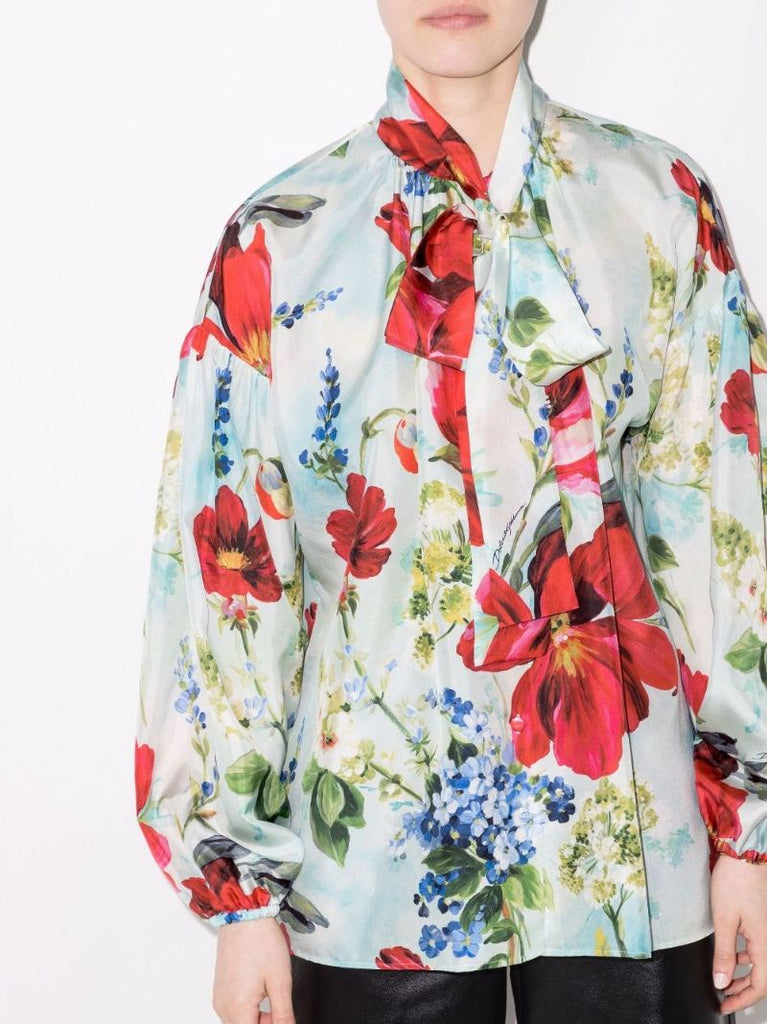 Floral Print Pussy Bow Silk Shirt