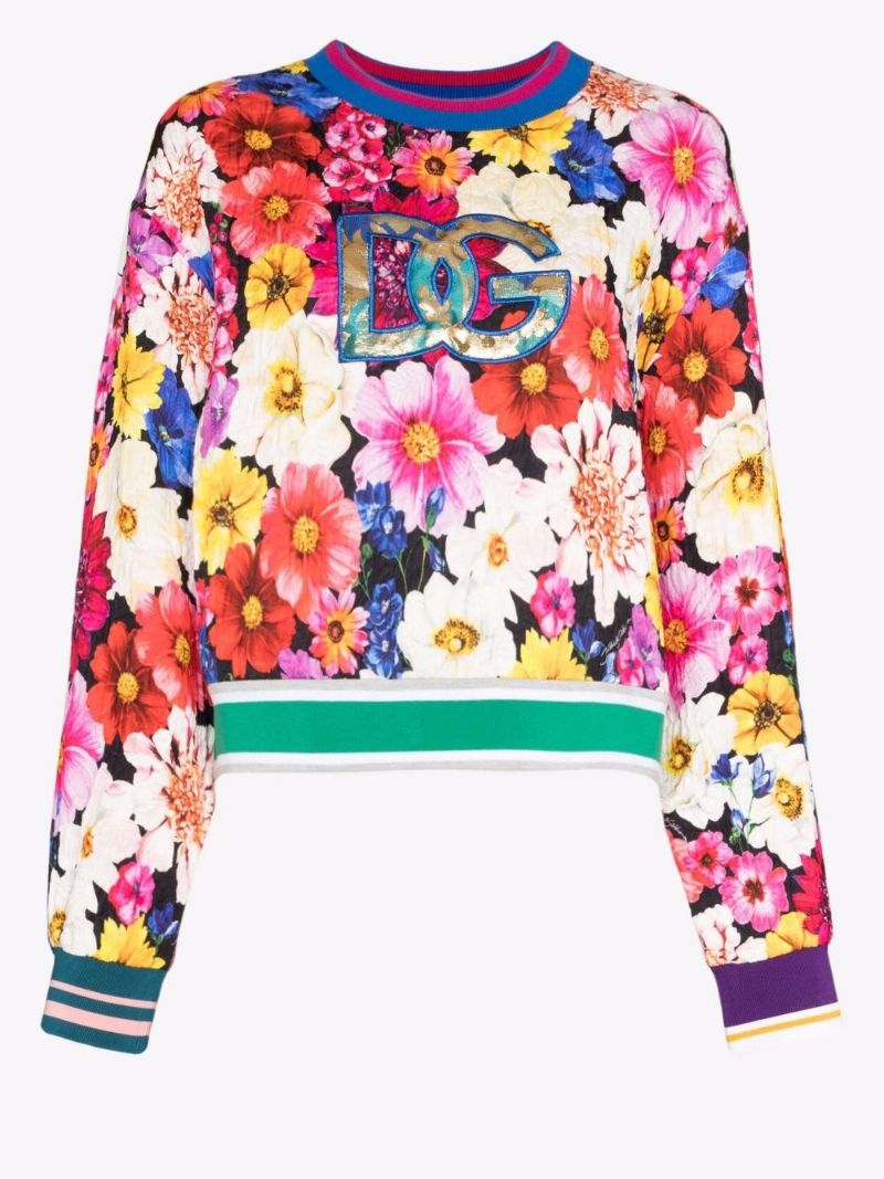 Floral Print Logo Brocade Cropped Sweatshirt