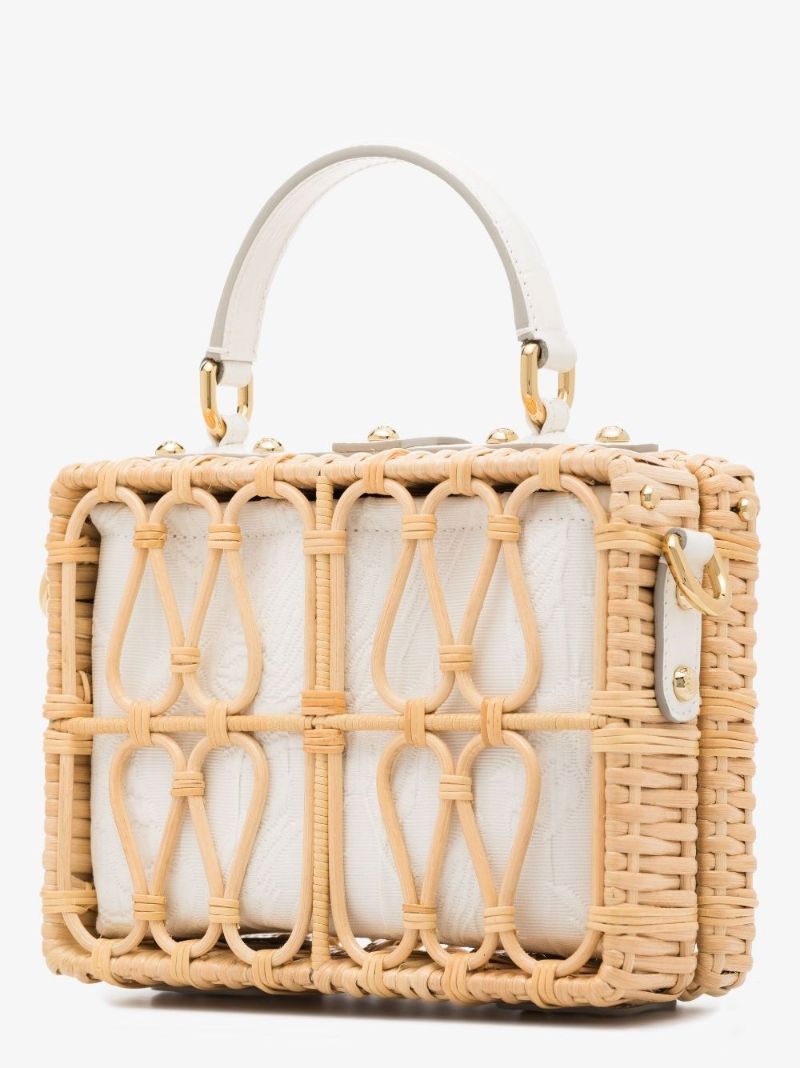 Neutral Brocade Wicker Shoulder Bag
