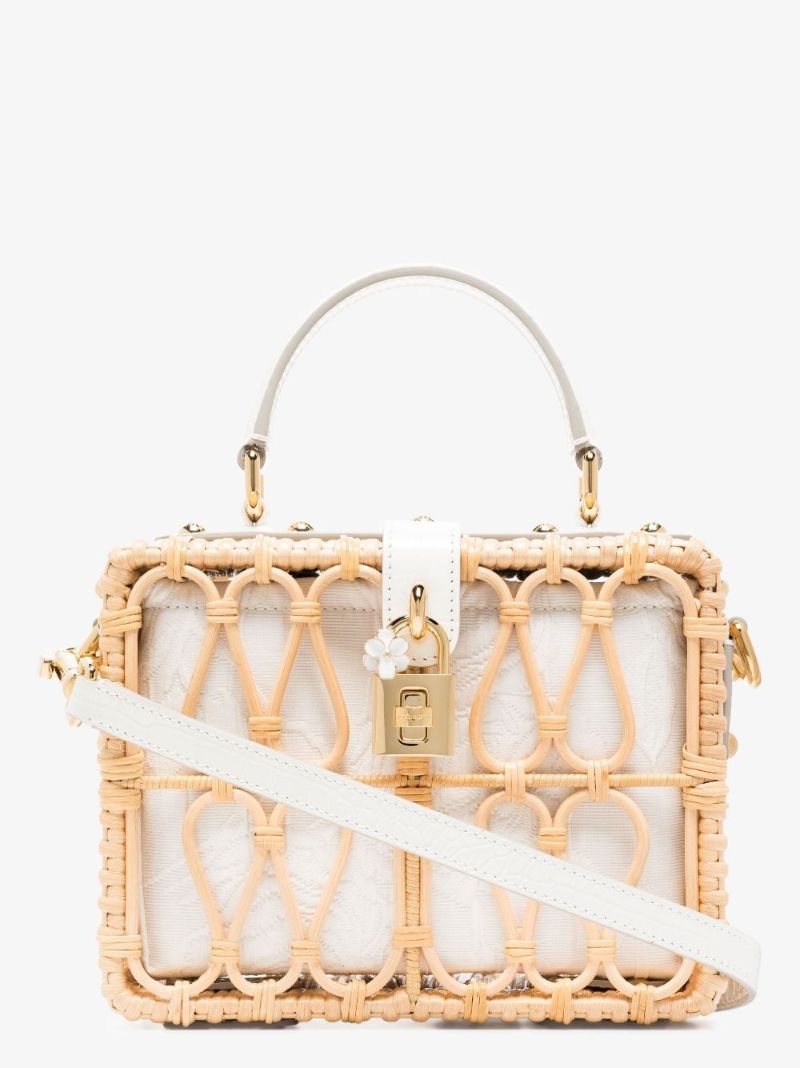 Neutral Brocade Wicker Shoulder Bag