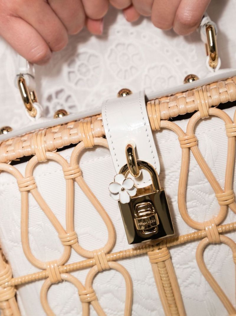 Neutral Brocade Wicker Shoulder Bag