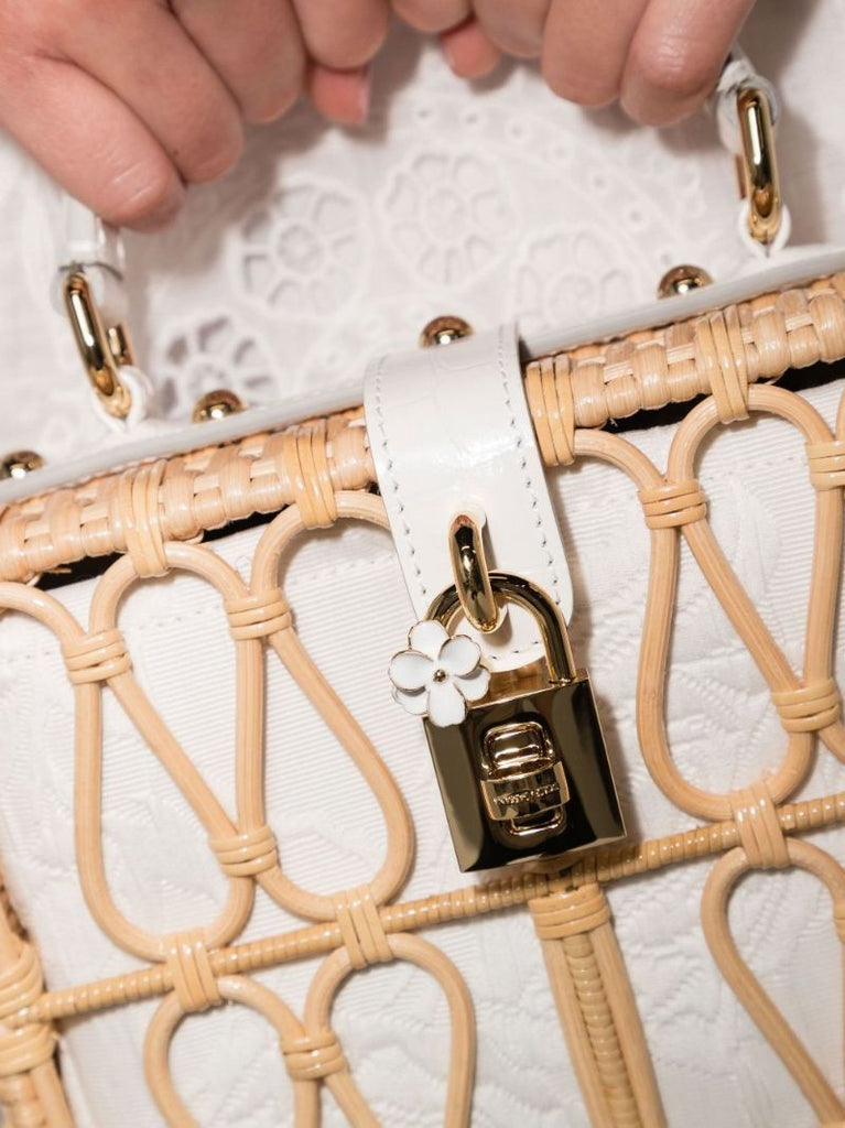 Neutral Brocade Wicker Shoulder Bag